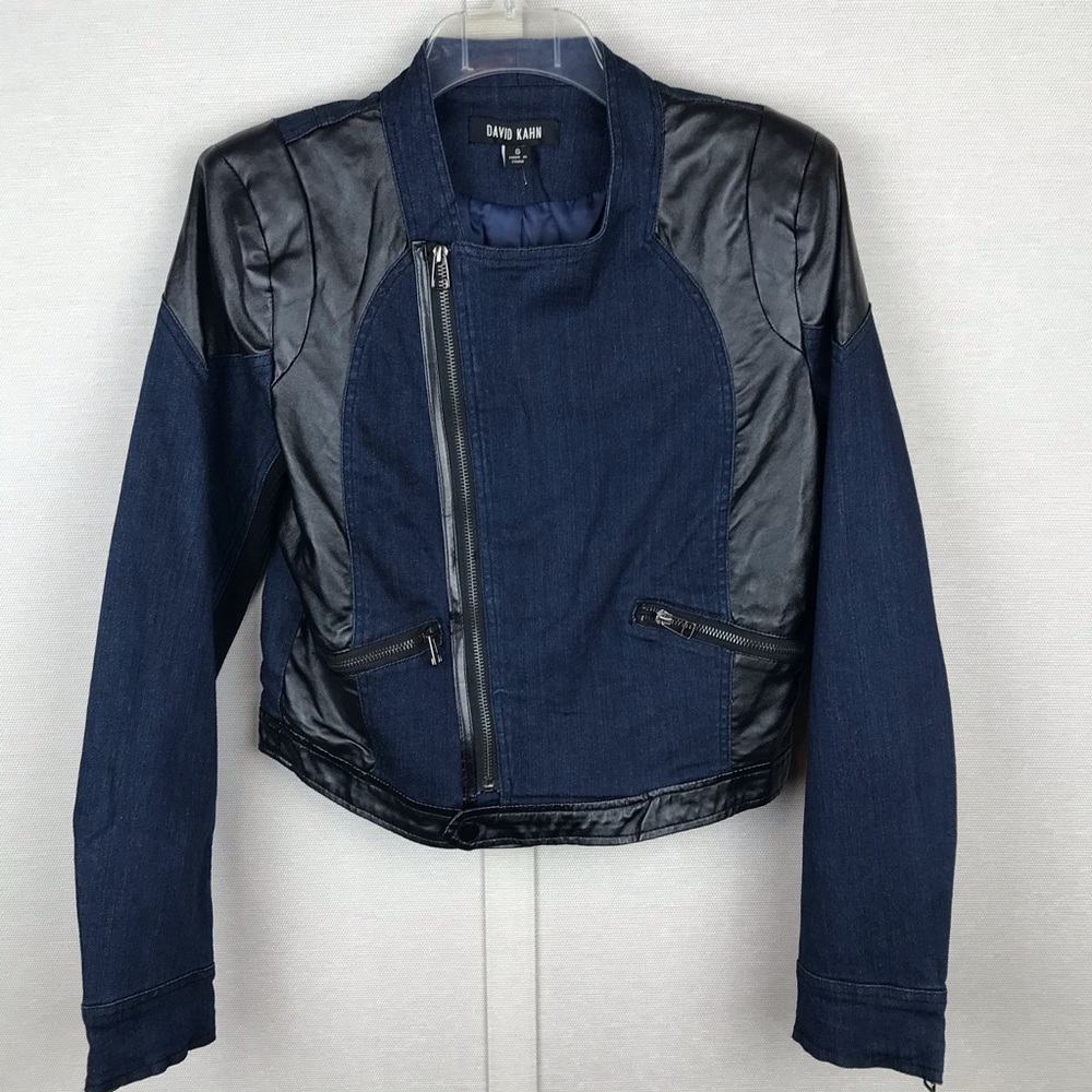 David Kahn Denim Faux Leather Tillary Jacket Sz S • Asym Zip • NWOT